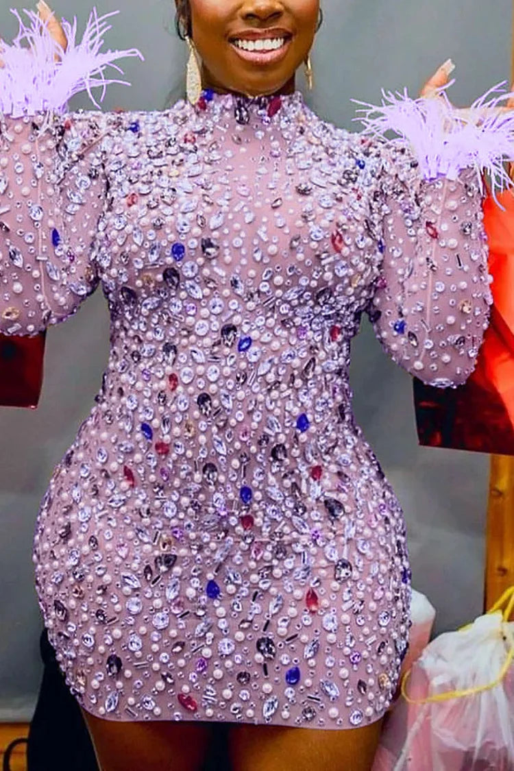 Plus Size Lavender Party Rhinestone Feather Mesh Bodycon Mini Dress