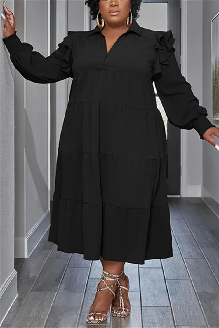 Plus Size Black Daily Sequin Jogger Ruffles Lantern Sleeve Midi Dress