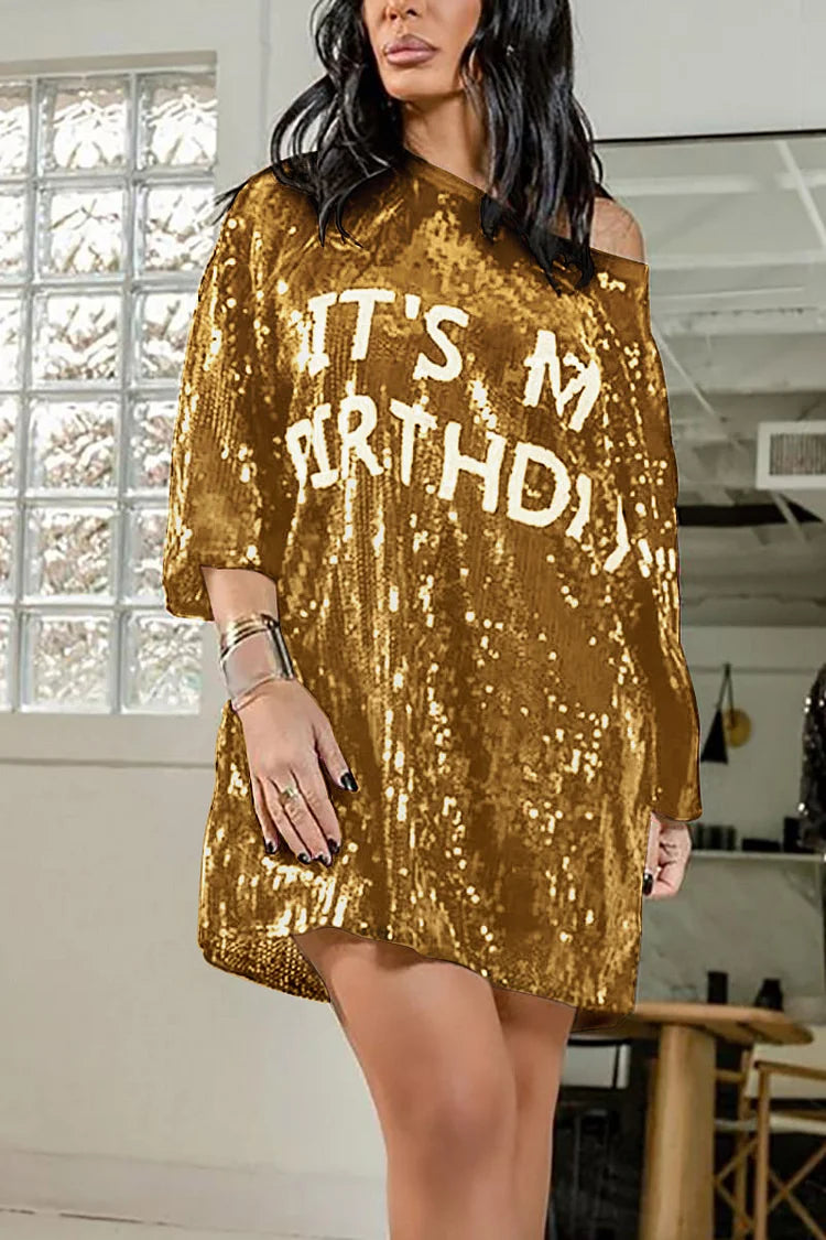 Plus Size Gold Daily Round Neck Letter Sequin Stitching Mini Dress