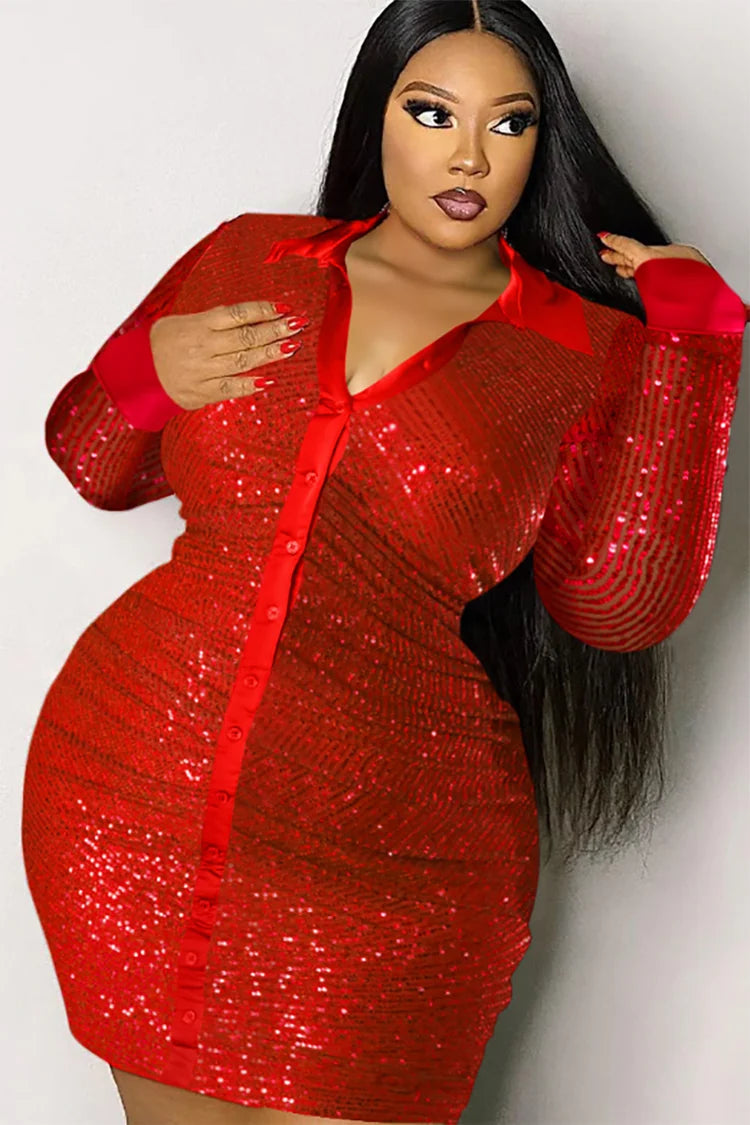 Plus Size Party Red Sequin V Neck Long Sleeve Bodycon Shirt Mini Dresses
