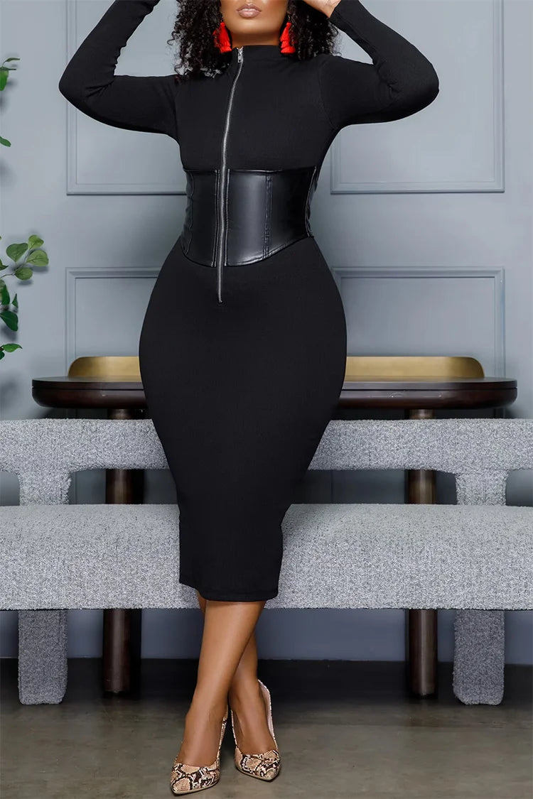 Plus Size Black Daily PU Leather Waist High Collar Long Sleeve Tight Midi Dress