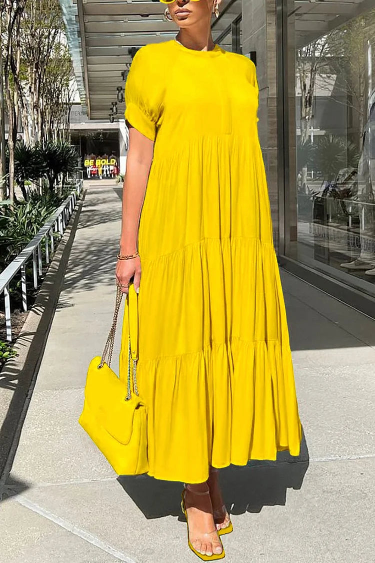 Plus Size Vacation Yellow Round Neck Short Sleeve Ruffle Maxi Dress