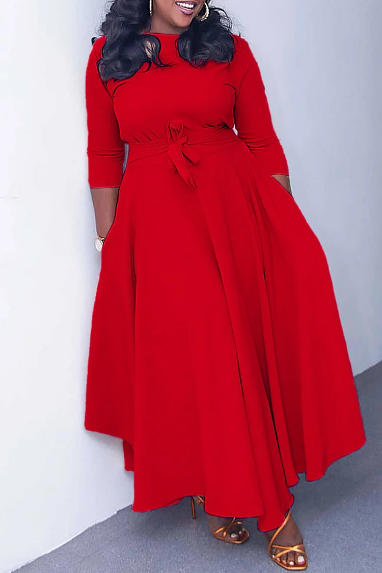 Plus Size Red Casual Round Neck With Pocket Wrap Maxi Dress
