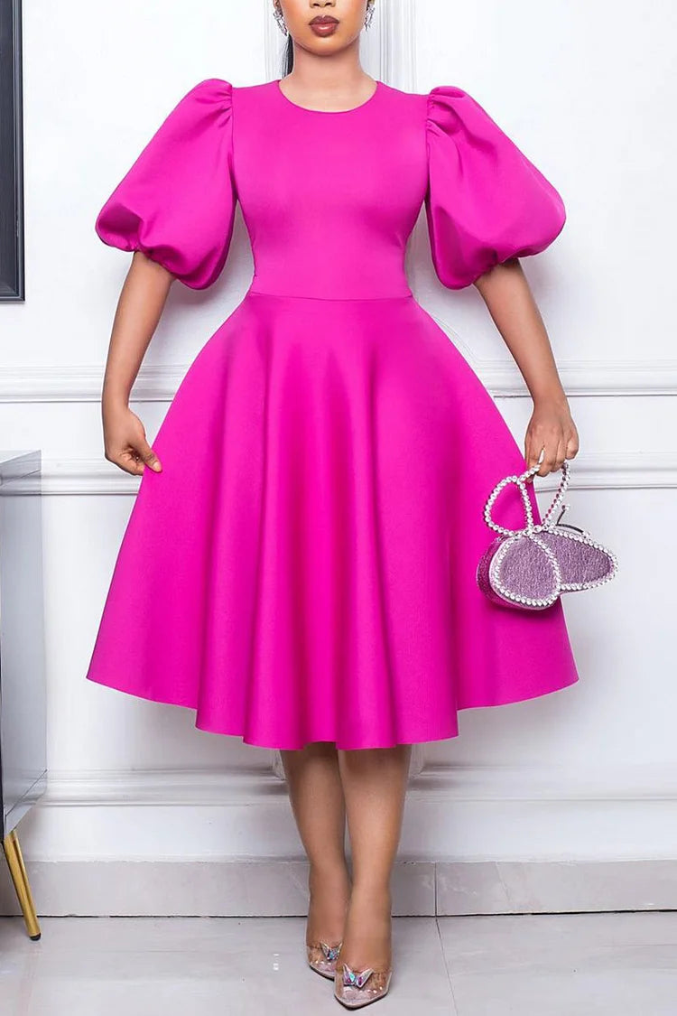 Plus Size Hot Pink Semi Formal O Neck Puff Sleeve A-Line Midi Dress
