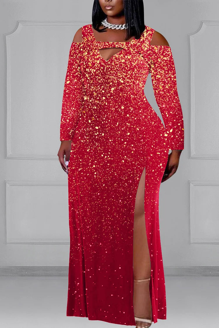 Xpluswear Plus Size Red Formal Hollow Out Shiny High Split Long Sleeve Maxi Dresses