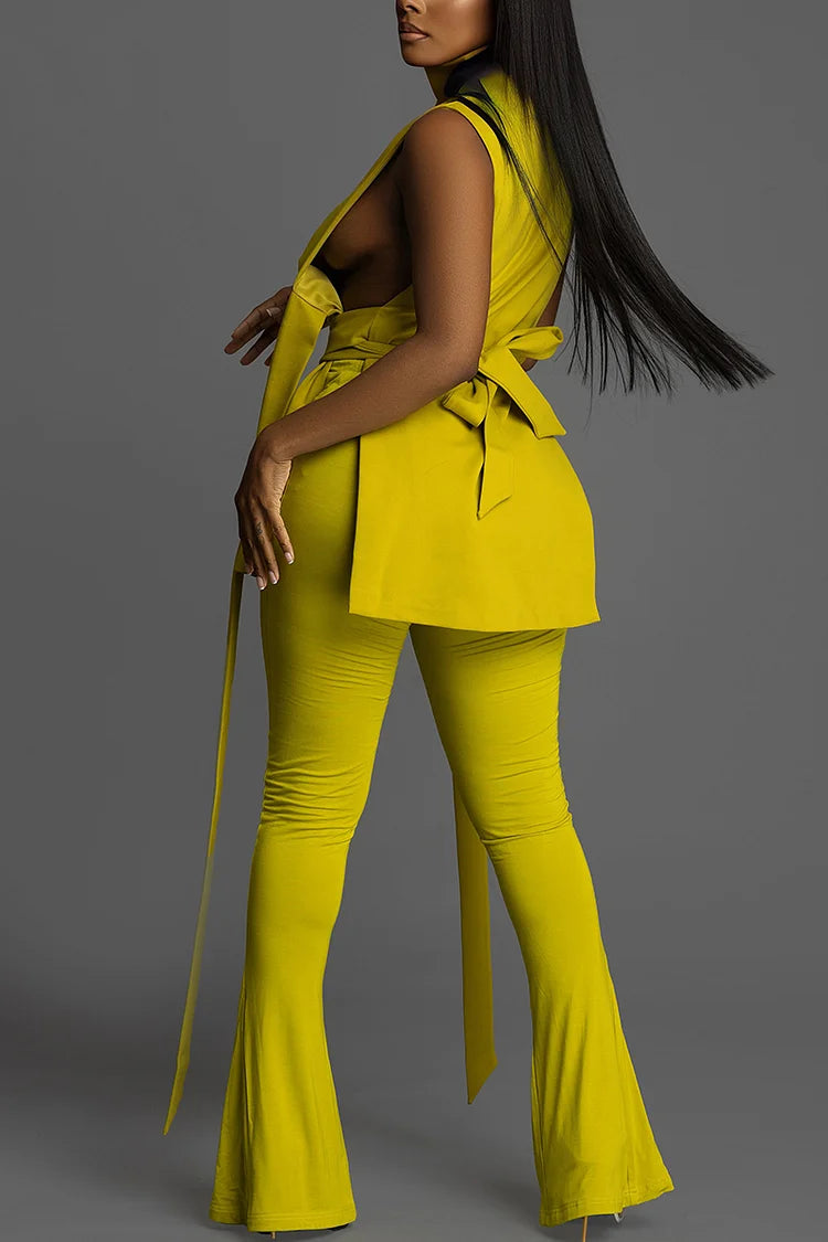 Plus Size Yellow Daily Mock Neck Sleevelss Two Pieces Pants Set