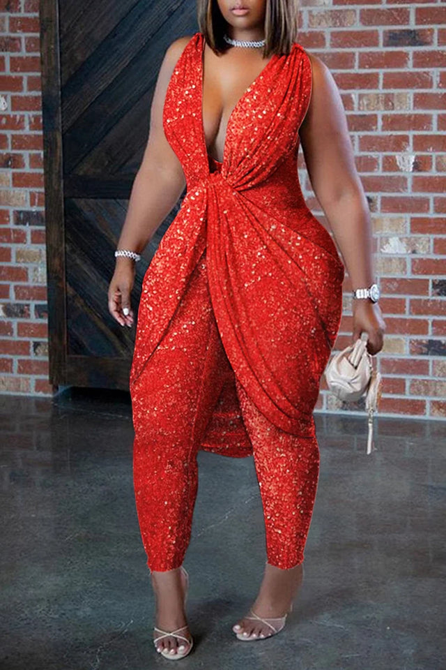 Plus Size Red Party Sequin Draping Sleeveless Leggings Pants Jumpsuits Image