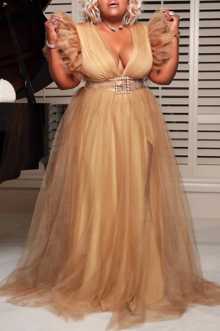 Plus Size Khaki Formal V-neck Ruffle Sleeve Tulle Slit Maxi Dress(No Belt)