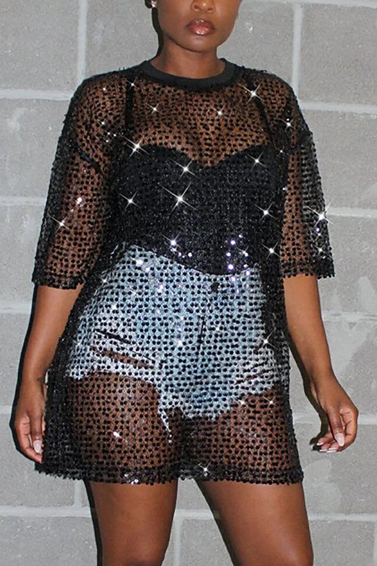 Plus Size Black Party Mesh See-Through Glitter Sequin Shirts