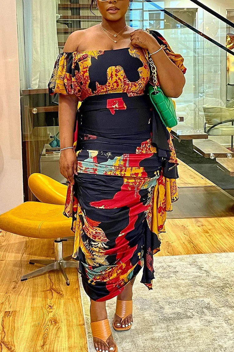 Plus Size Daily Off Shoulder Drape Dress Graphic Print Midi Dress