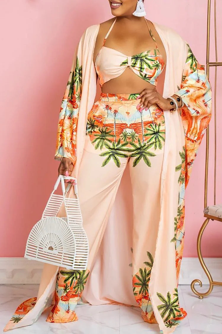 Plus Size Pastelpeach Casual Train Tropical Print Three Piece Pant Sets
