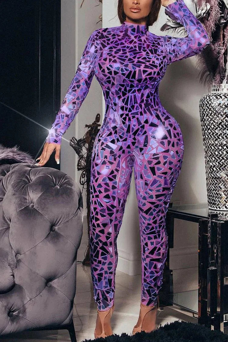 Plus Size Mirror Purple Sequin Party Long Sleeves Jumpsuits