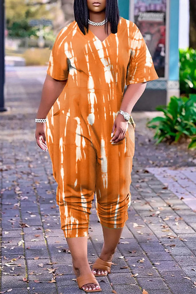 Plus Size Orange Daily Tie Dye Short Sleeves Jumpsuit