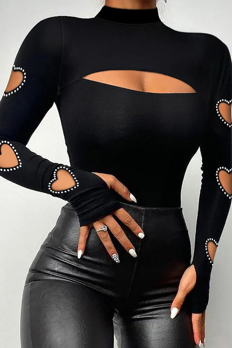 Plus Size Black Daily Hollow Out Drilling Long Sleeve Bodycon Blouses
