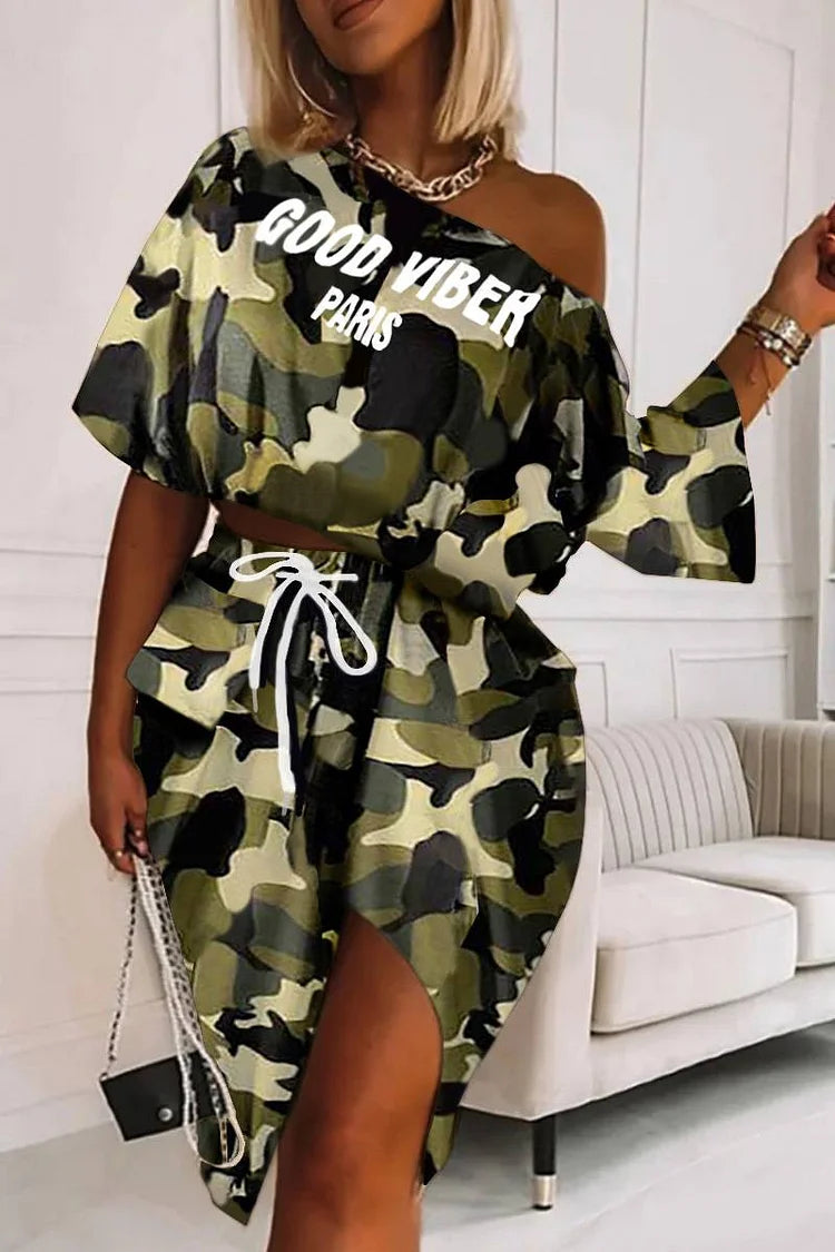 Plus Size Army Green Daily Letter Print Side Slit Mid-Sleeves Camo Two Pieces Skirt Set