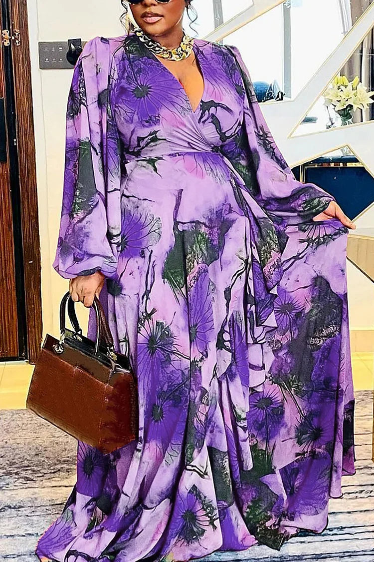 Plus Size Purple Vacation Floral Print Long Sleeve Maxi Dress