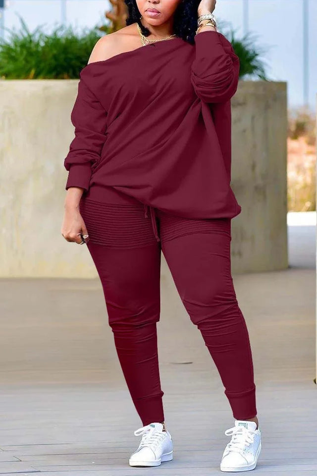 Plus Size Casual Burgundy Long Sleeves Oblique Collar Two Pieces Set Image