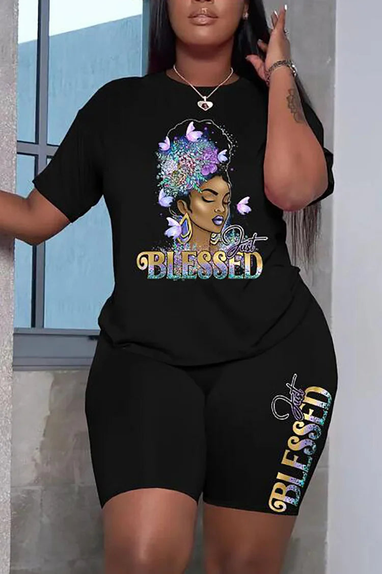 Plus Size Black Casual Letter Pattern Print Short Sleeve Short Set