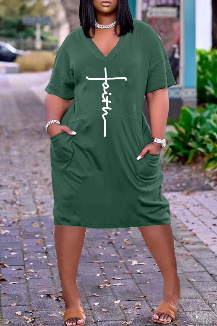 Plus Size Green Casual Print Basic V Neck Short Sleeve With Pockets Midi Dress