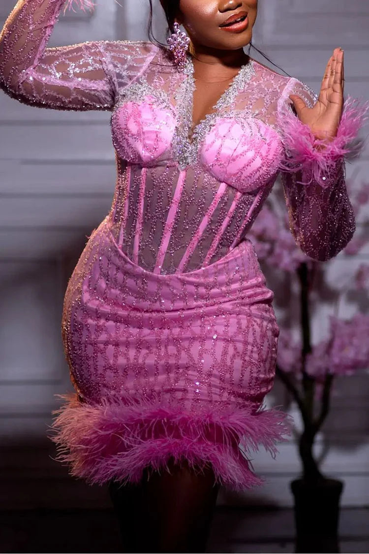 Plus Size Pink Party See-Through Feather Long Sleeve Sequin Mini Dress