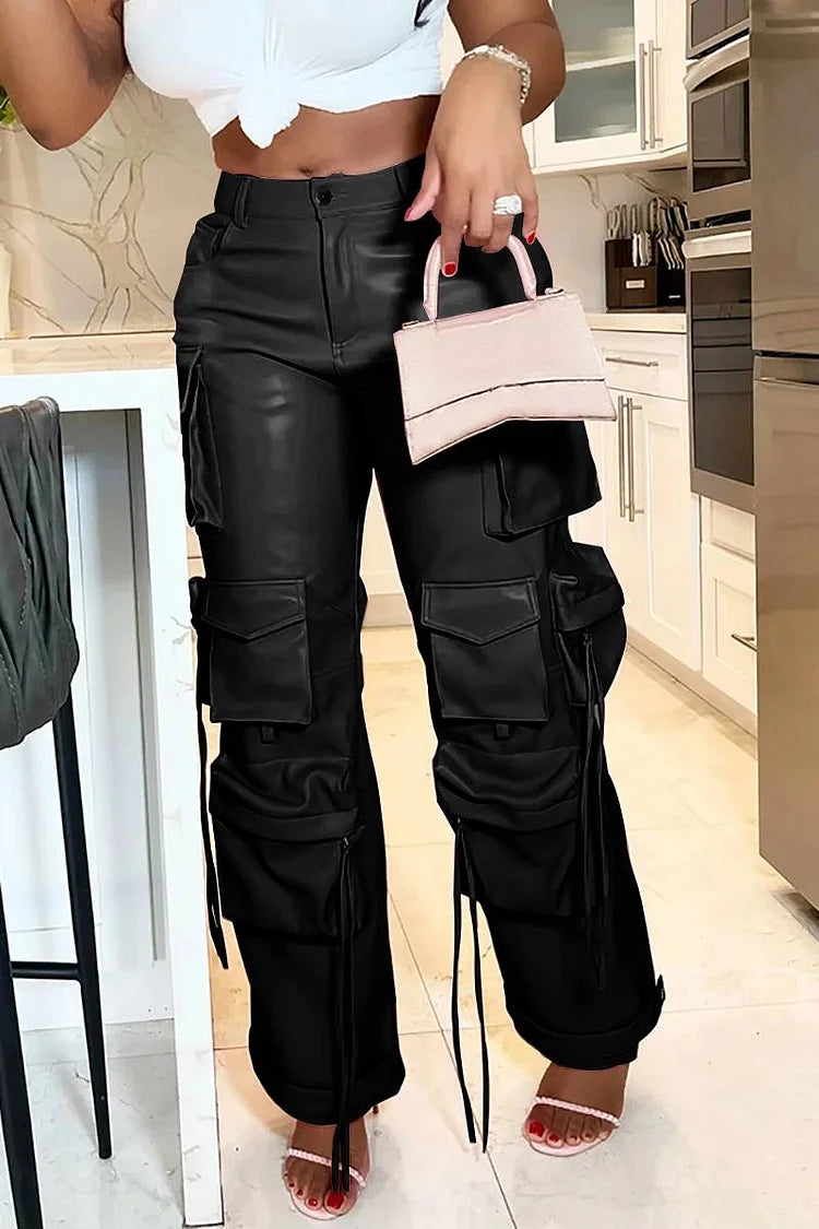 Plus Size Black Daily PU Leather Pockets  Cargo Pants