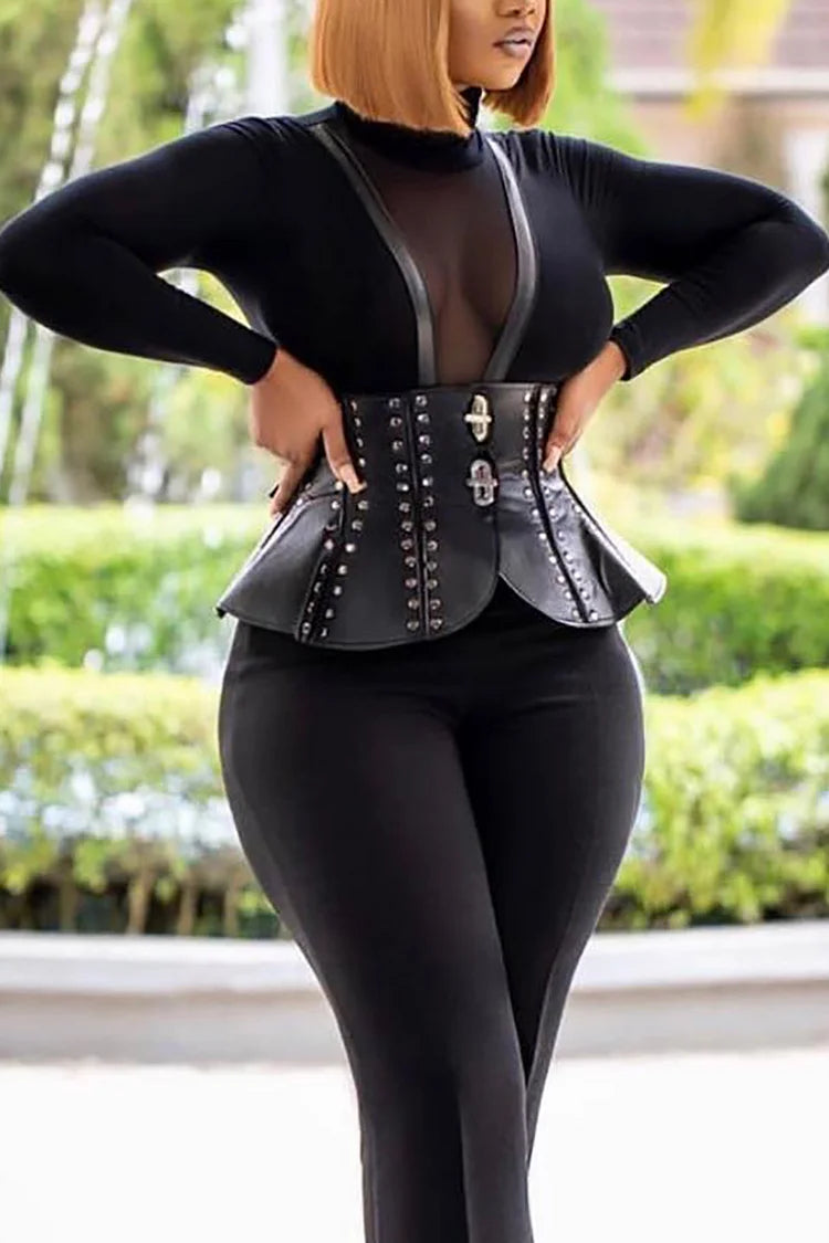 Plus Size Daily Black PU Leather Mesh Patchwork And Corset Top