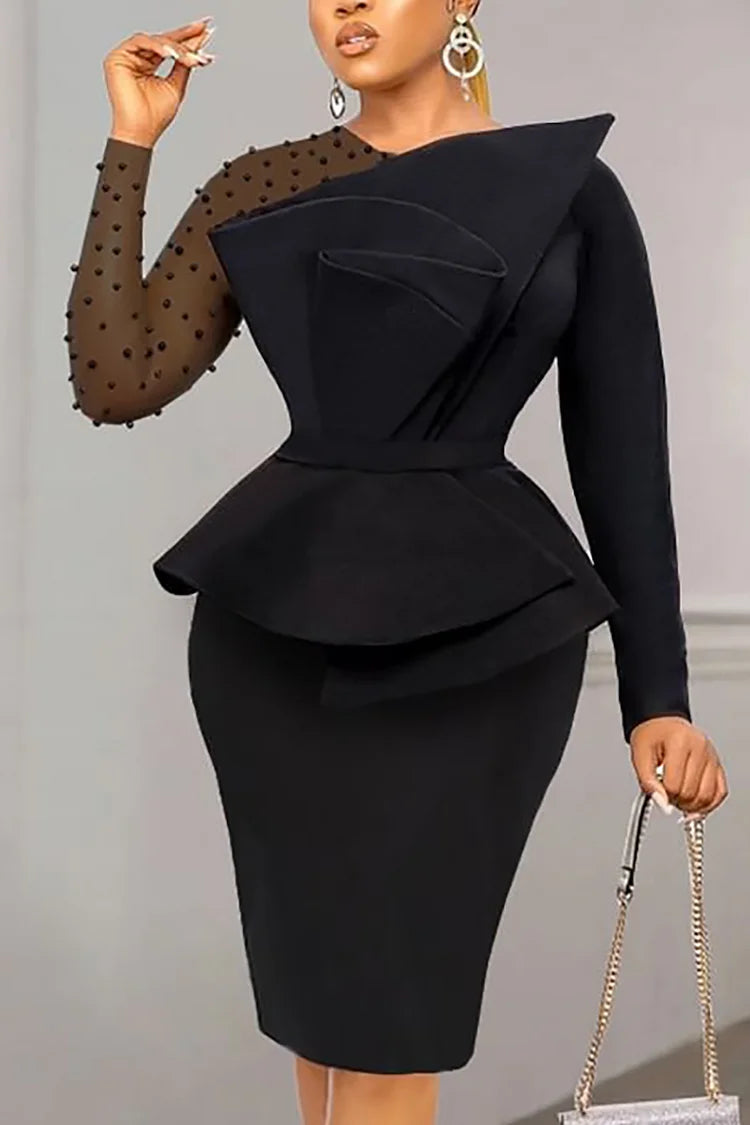 Plus Size Work Black Mesh Ruffle Bodycon Midi Dress Plus Size Work Black Mesh Ruffle Bodycon Midi Dress