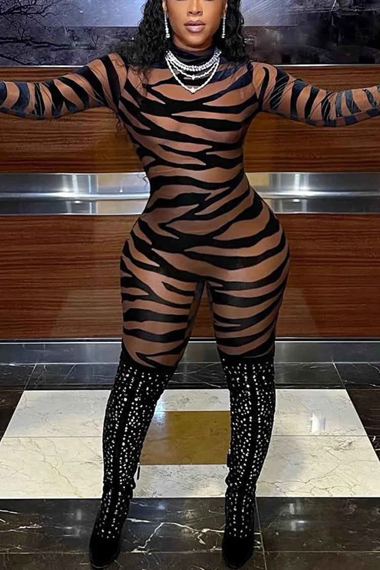Plus Size Party See-Through Long Sleeve Zebra Stripe Print Jumpsuits
