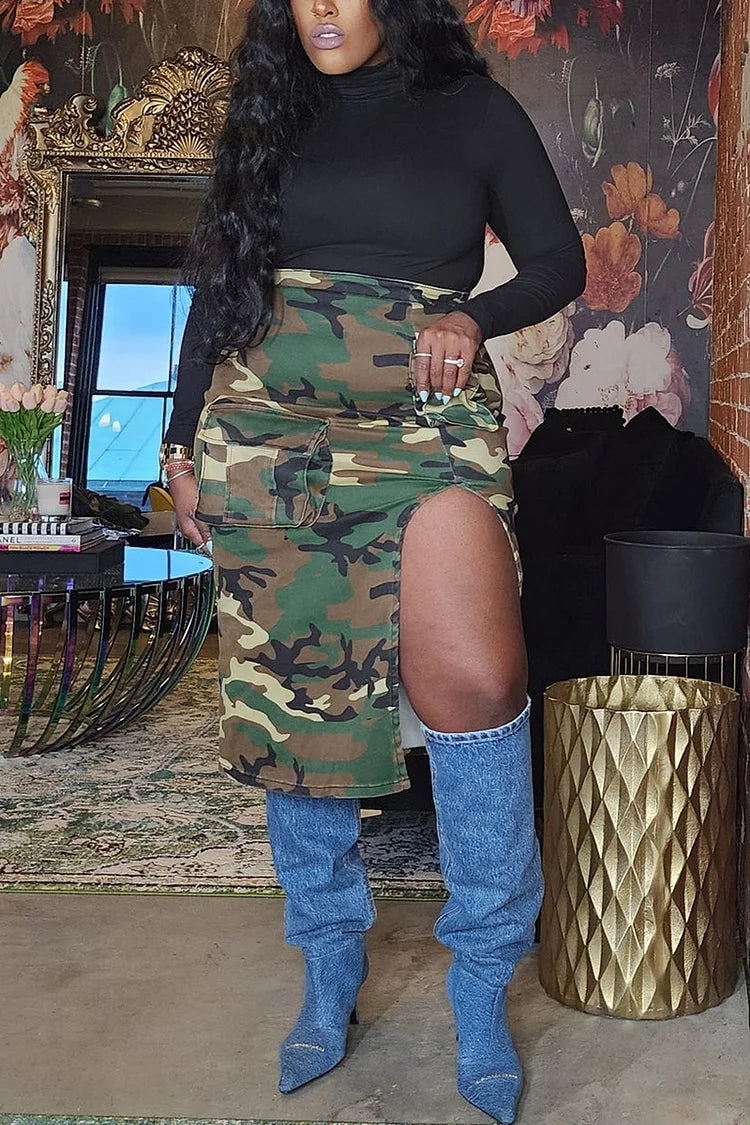 Plus Size Daily Camouflage Print High Slit Overalls Cargo Skirt