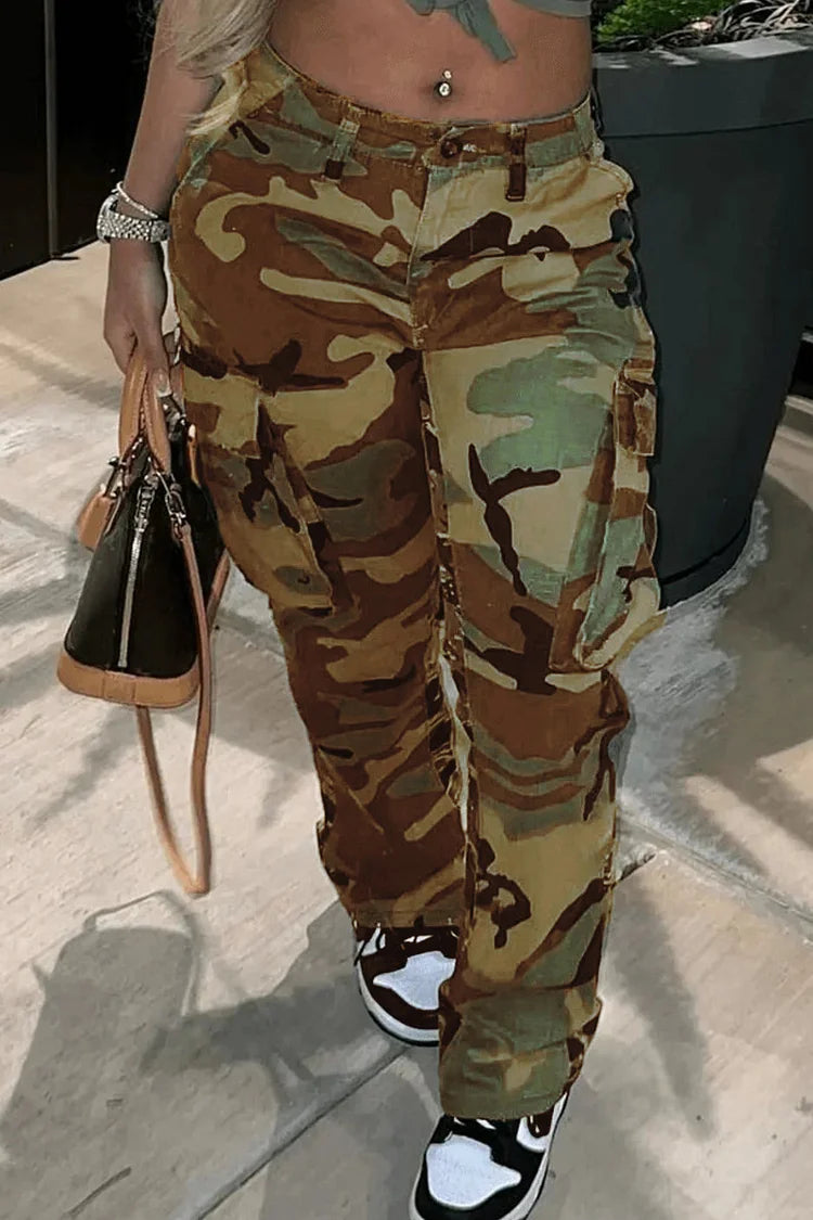 Plus Size Casual Camouflage Print Pocket  Cargo Pants