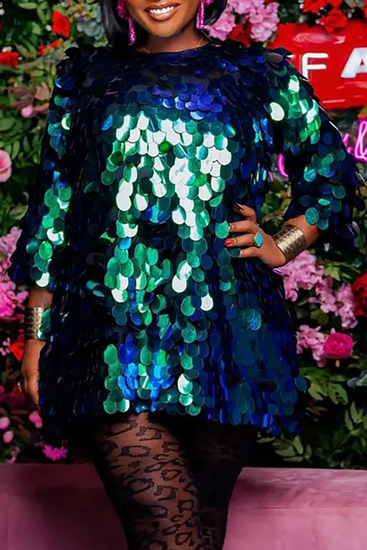 Plus Size Green Sequin Round Neck Mini Dress Plus Size Green Sequin Round Neck Mini Dress