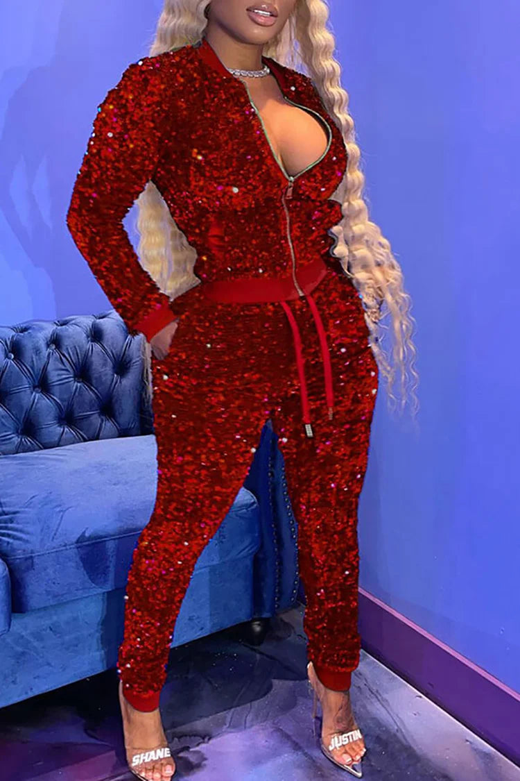 Plus Size Party Red Sequin Two Piece Glitter Zipper Jacket With Pockets Pant Sets