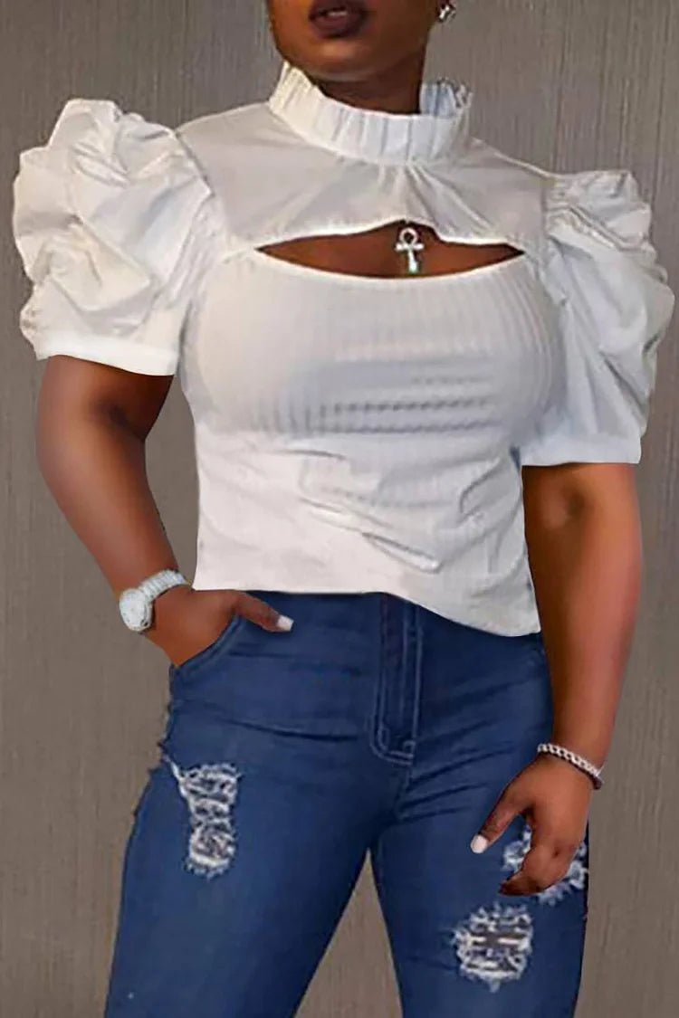 Plus Size White Daily Cut Out Puffy Sleeves Ruffles Shirts