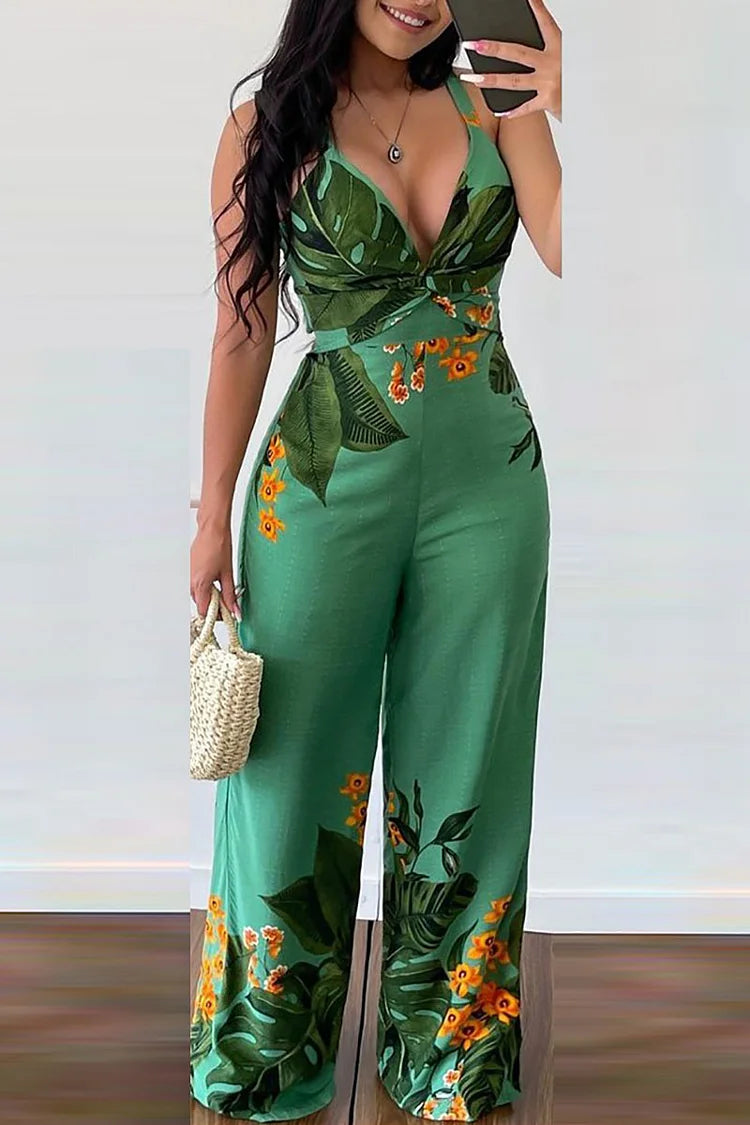 Plus Size Green Casual Tropical Print V Neck Jumpsuits