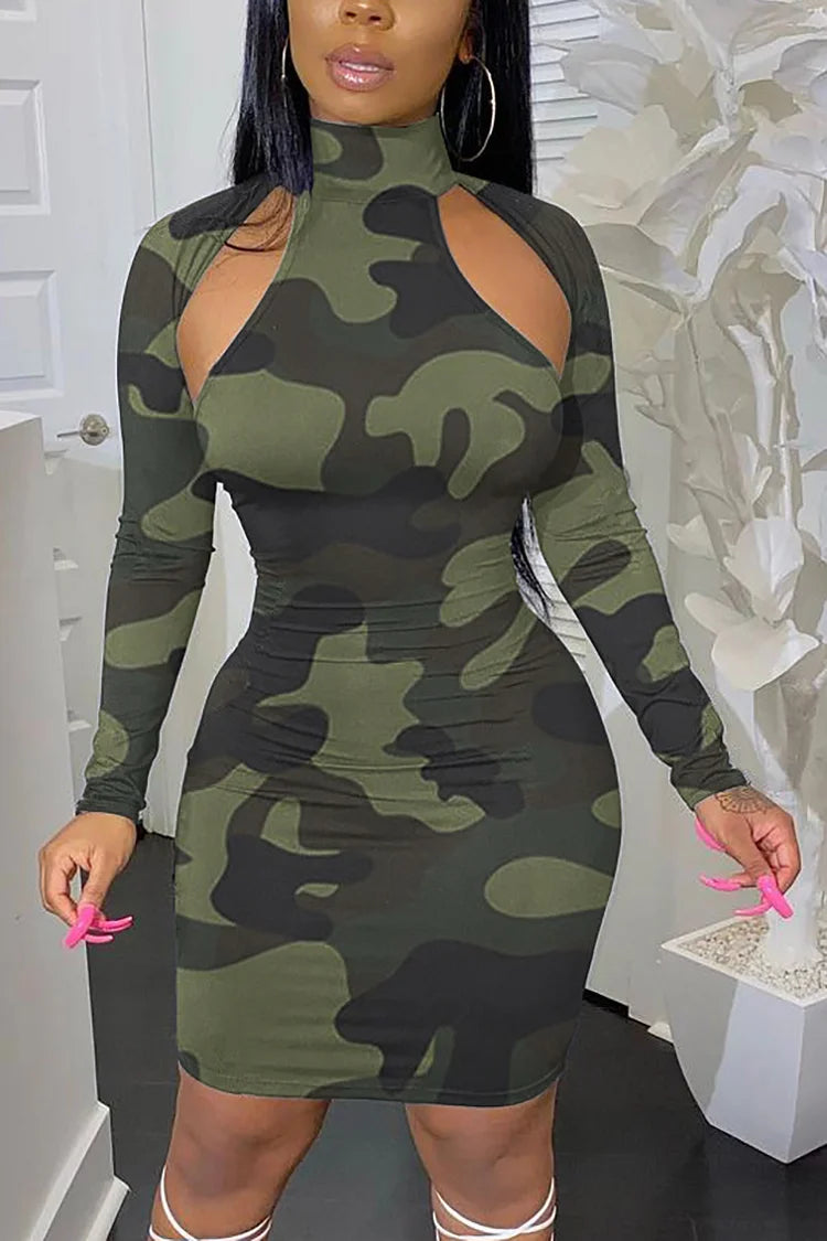 Plus Size Casual Camo Print Cutout High Neck Bodycon Mini Dress Plus Size Casual Camo Print Cutout High Neck Bodycon Mini Dress