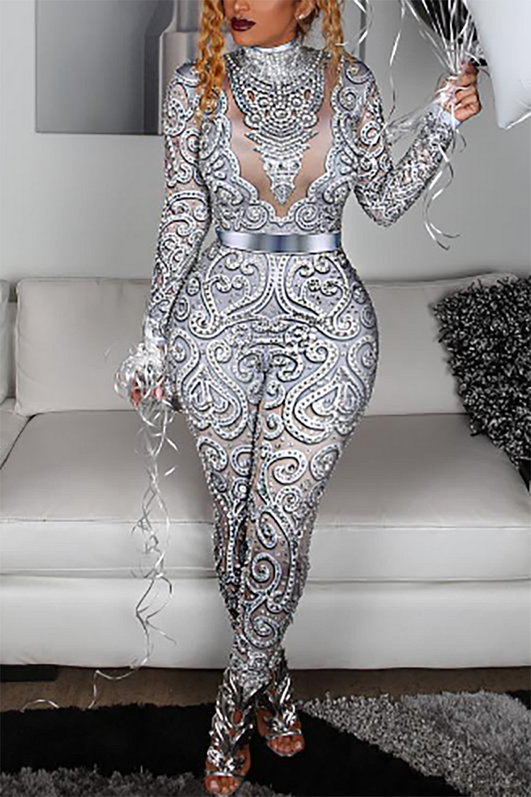 Plus Size Silver Party Mesh Sequin Print Jumpsuits