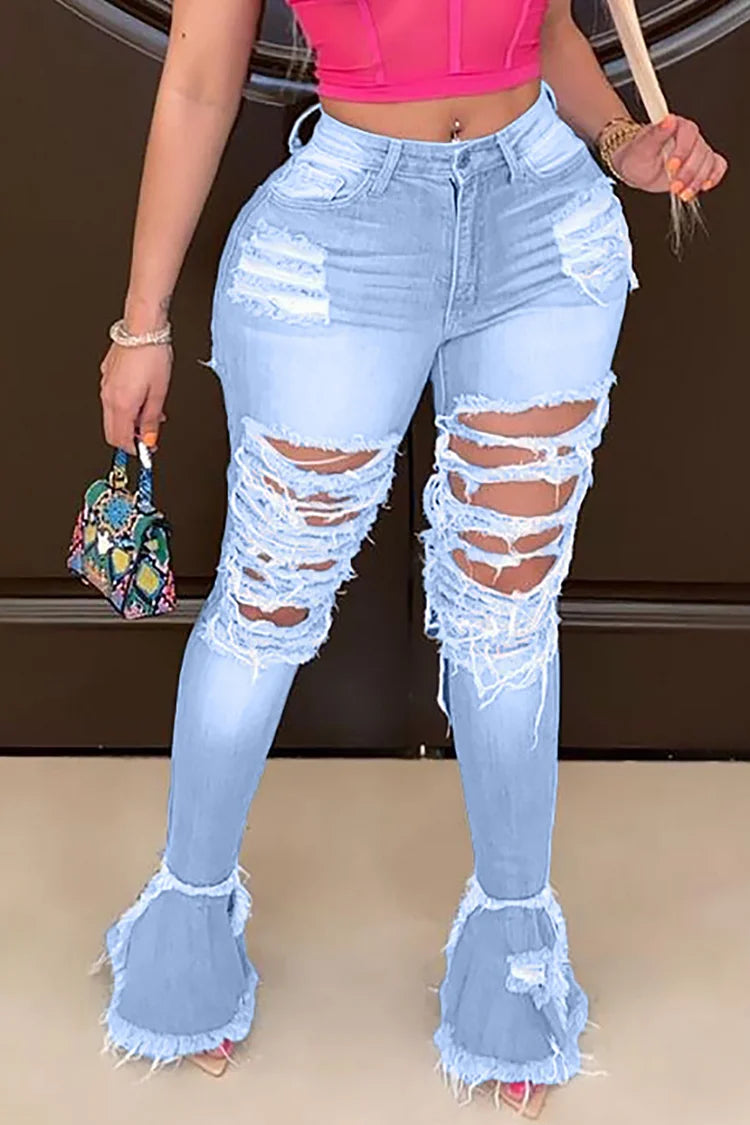 Plus Size Casual Light Blue Ripped Flared Bell Bottom Distressed Jeans