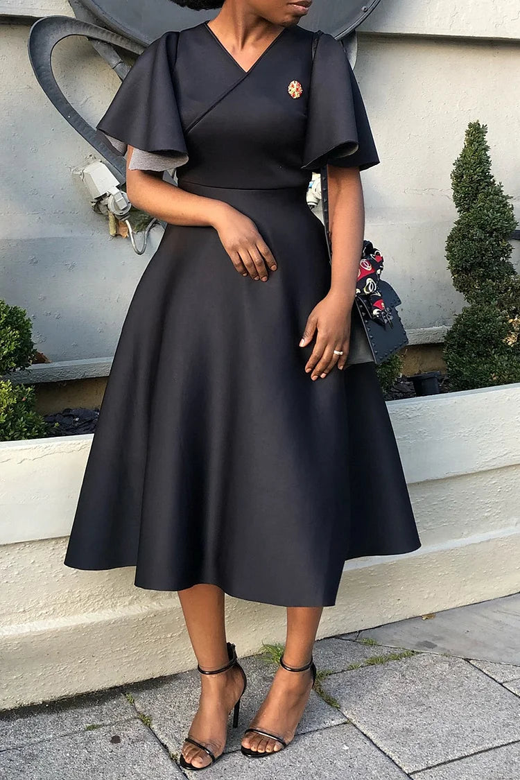 Plus Size Black Formal V-neck Ruffle Sleeve Derby Midi Dresses