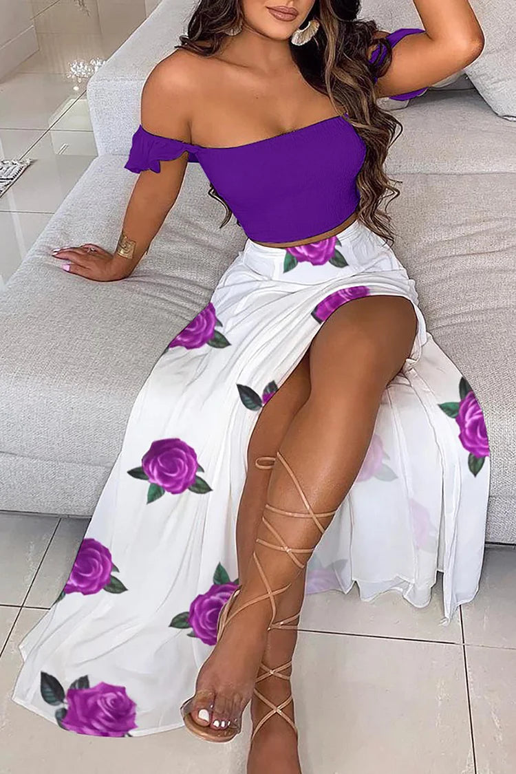 Plus Size Purple Daily Floral Print Off The Shoulder Side Slit Skirt Sets