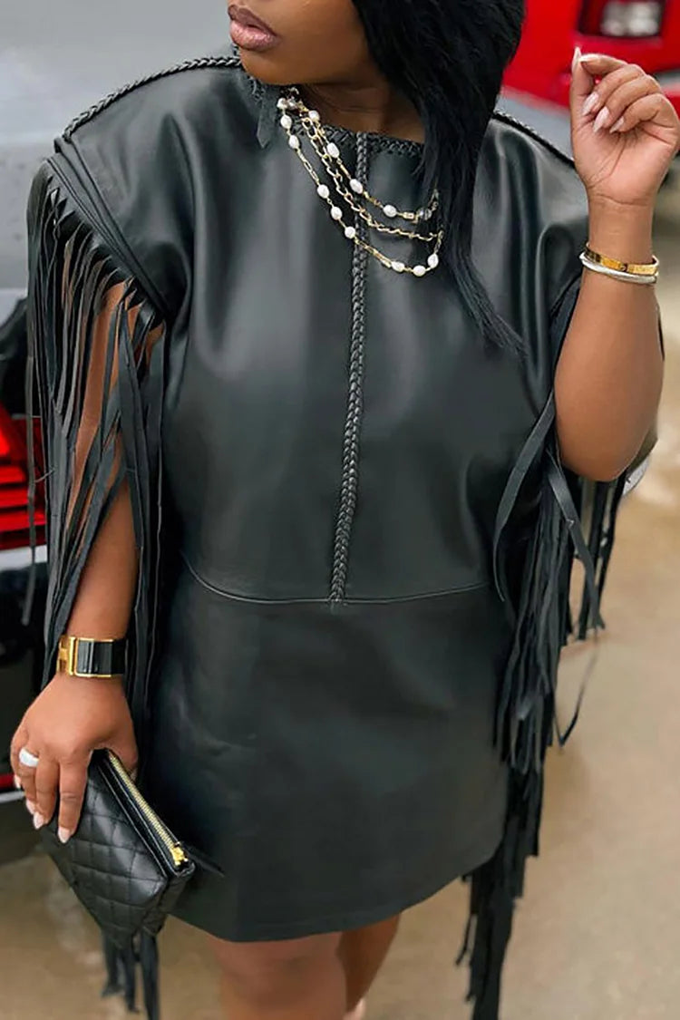 Plus Size Black Casual PU Leather Tassels Wide Shoulder Mini Dress