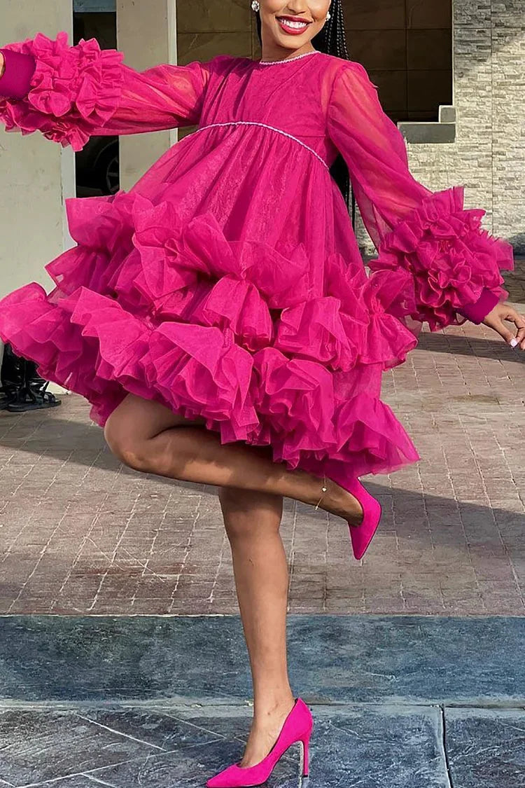 neon pink plus size dress Hot Party Ruffle Tulle Layer Mini Bodycon Long Sleeves Asymmetric With elastic cuffs and clientphotos Women's US Size:7.5