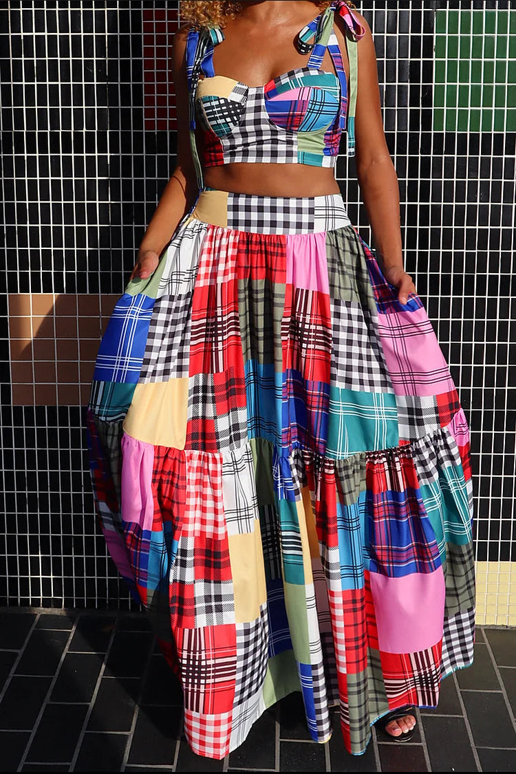 Plus Size Multicolor Casual Grid Two Pieces Skirt Set