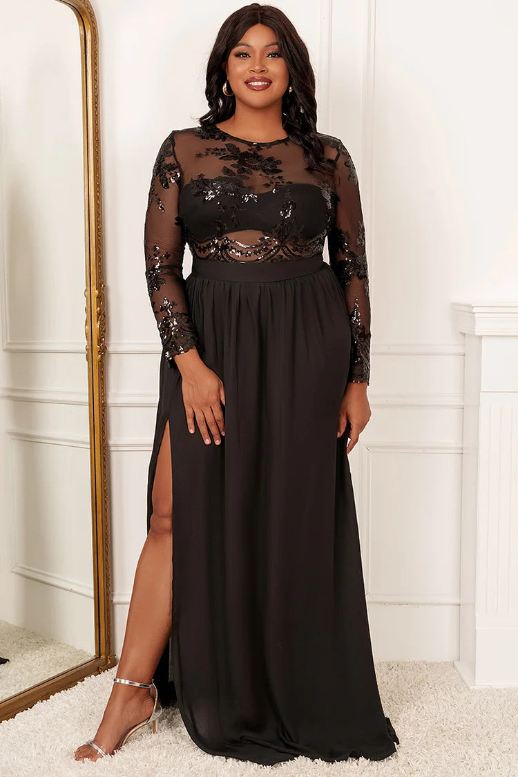 Xpluswear Design Plus Size Daily High Slit Backless Sequin Trailing Little Black Maxi Dress