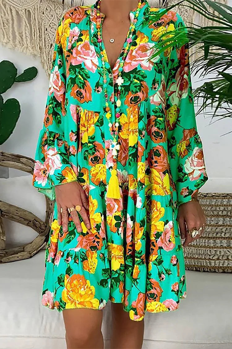 Plus Size Vacation Fold Print Trumpet Sleeve Shirt Mini Dress