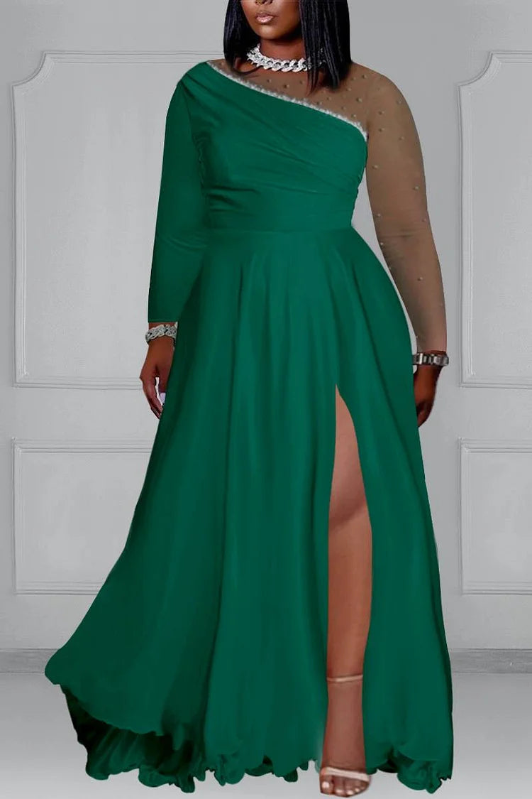 Plus Size Green Long Sleeve High Slit Satin Evening Maxi Dress