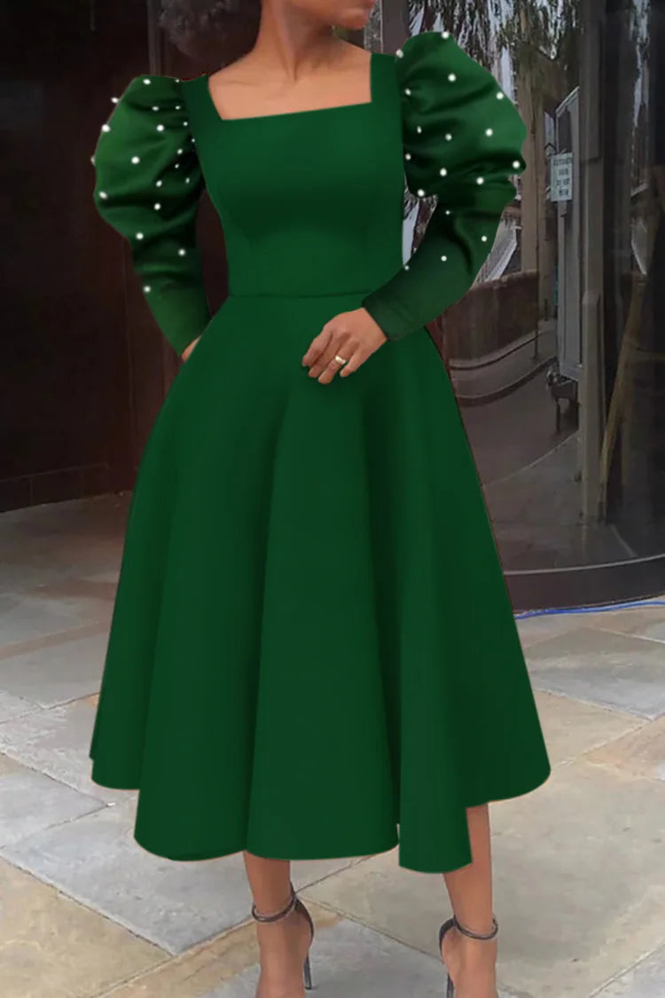 Plus Size Emerald Green Daily Pearl Puff Sleeve Square Neck A-Line Midi Dress