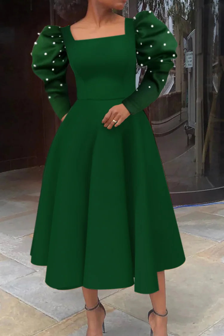 Plus Size Emerald Green Daily Pearl Puff Sleeve Square Neck A-Line Midi Dress Plus Size Emerald Green Daily Pearl Puff Sleeve Square Neck A-Line Midi Dress