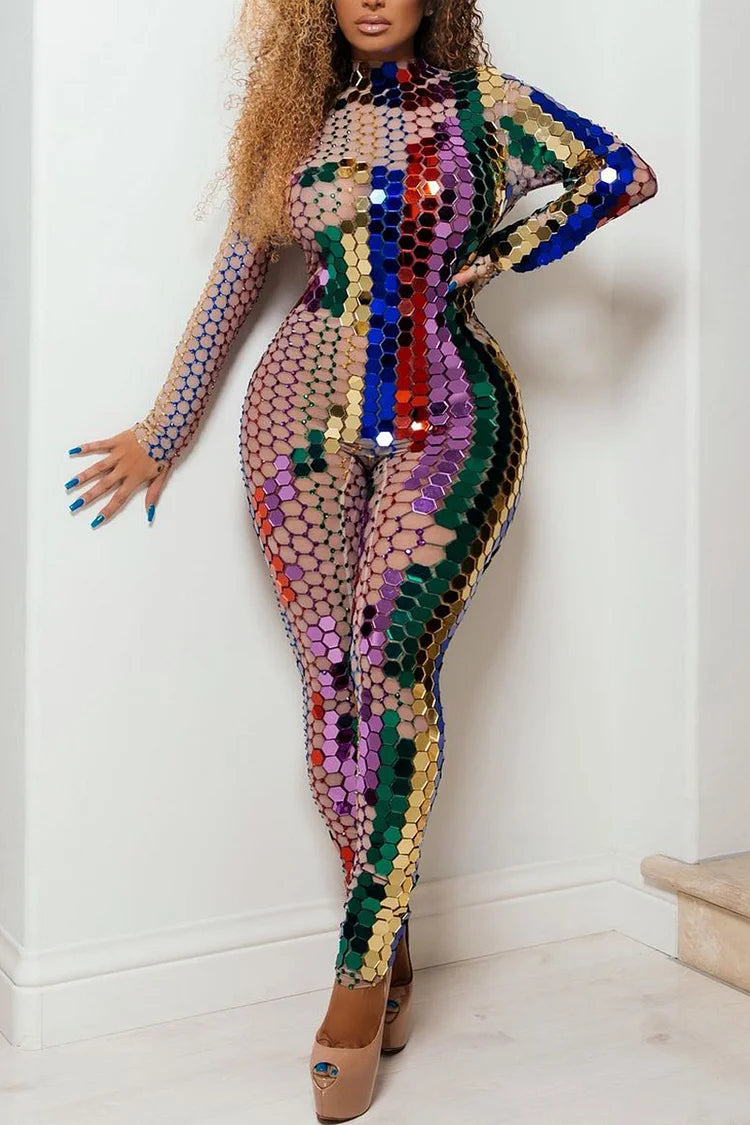 Plus Size Colorful Sequin See-Through Long Sleeve Jumpsuits
