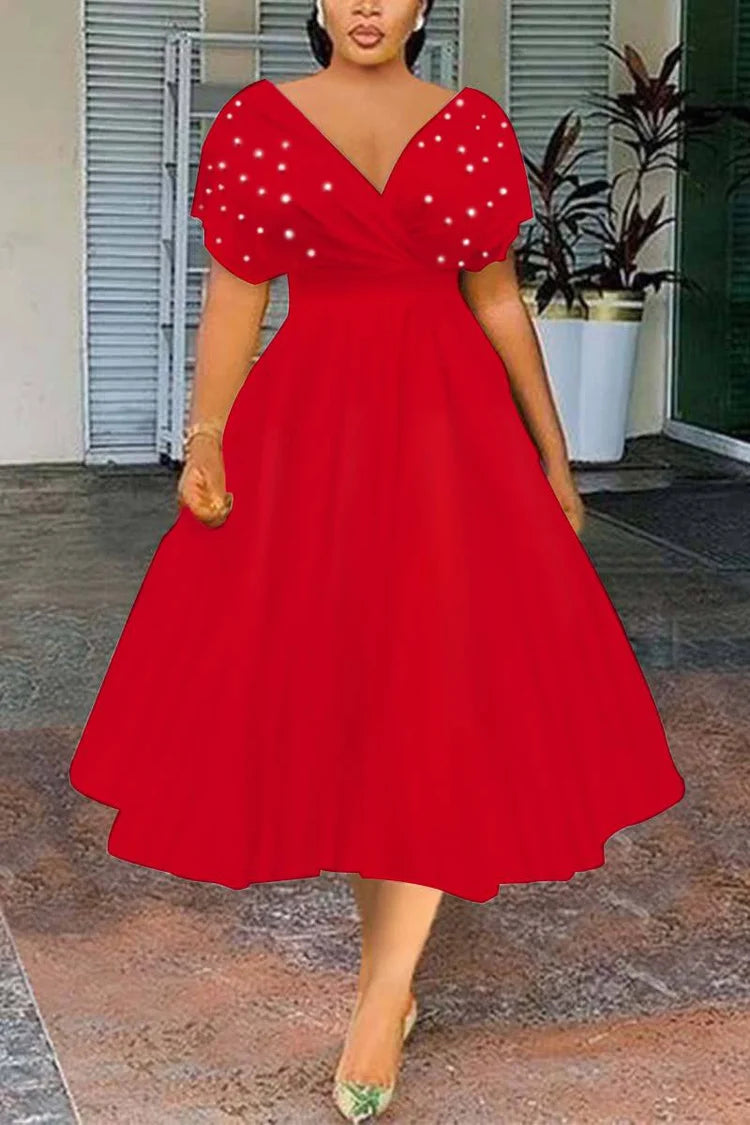 Plus Size Elegant Wedding Guest Red V Neck Pearls A-Line Midi Dresses