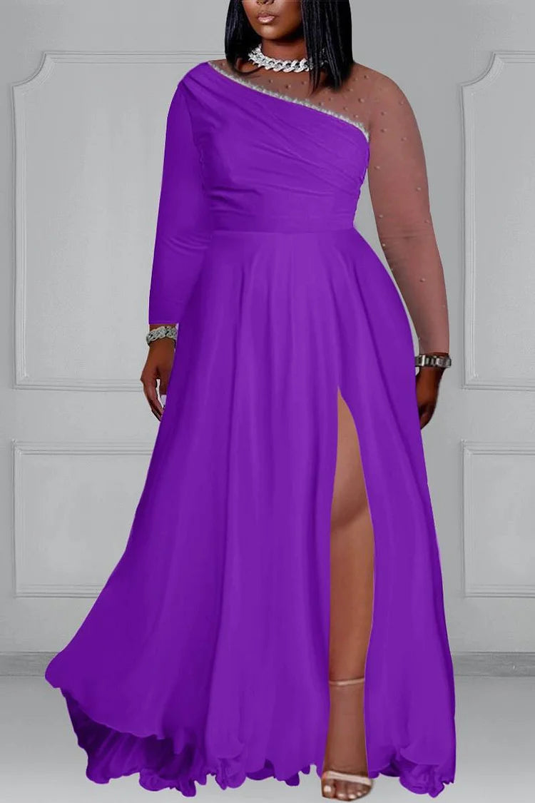 Plus Size Purple Prom Long Sleeve High Slit Satin Maxi Dress